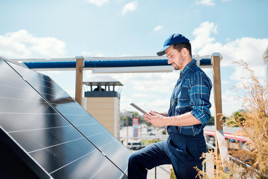 A solar panel installer wearing blue clothes stands in front of solar panels while holding a tablet