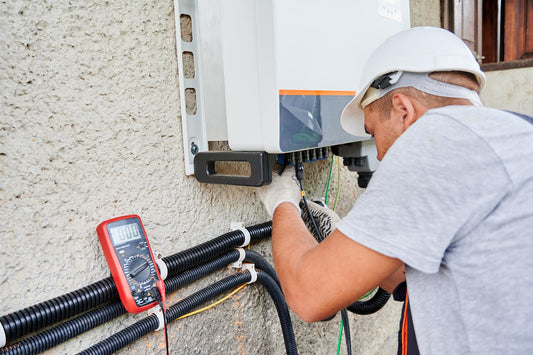 A solar panel system installer connects wiring to a string inverter while wearing a gray shirt, white gloves, and white helmet